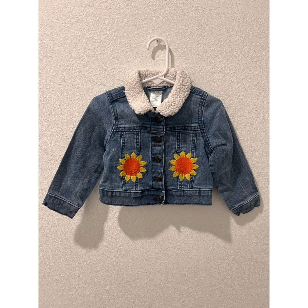 Gymboree Toddler Girls Blue Denim Sunflower Sherpa Collar Jacket 18-24M